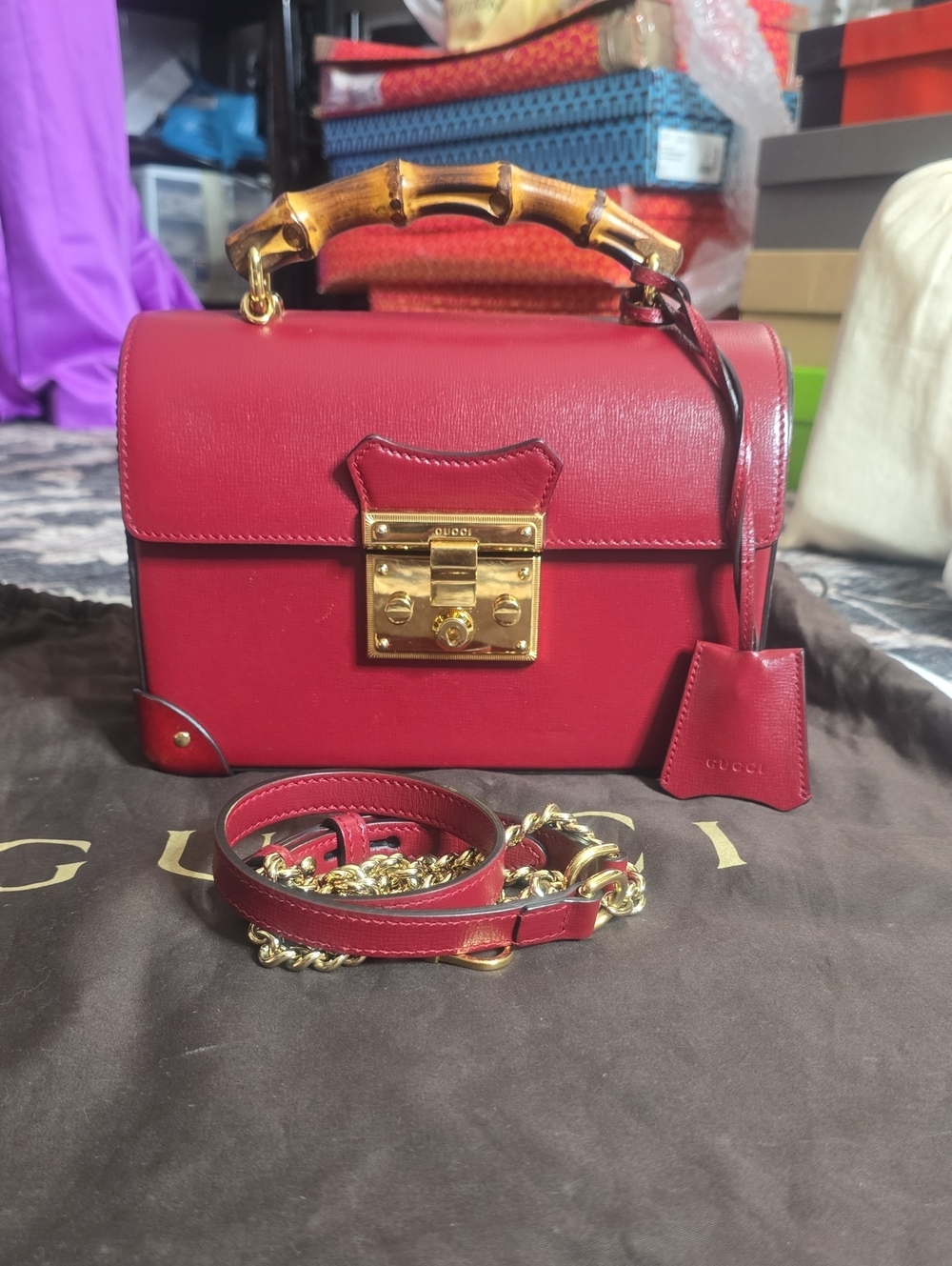Gucci Red Leather Bamboo Top-Handle Satchel with Gold Hardware